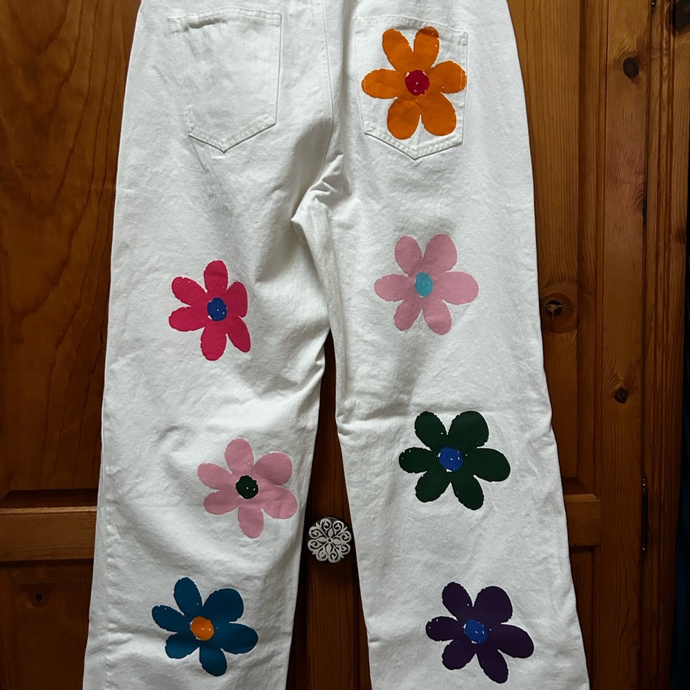 White Pants with Colorful Flower Design - Picture 2 of 5